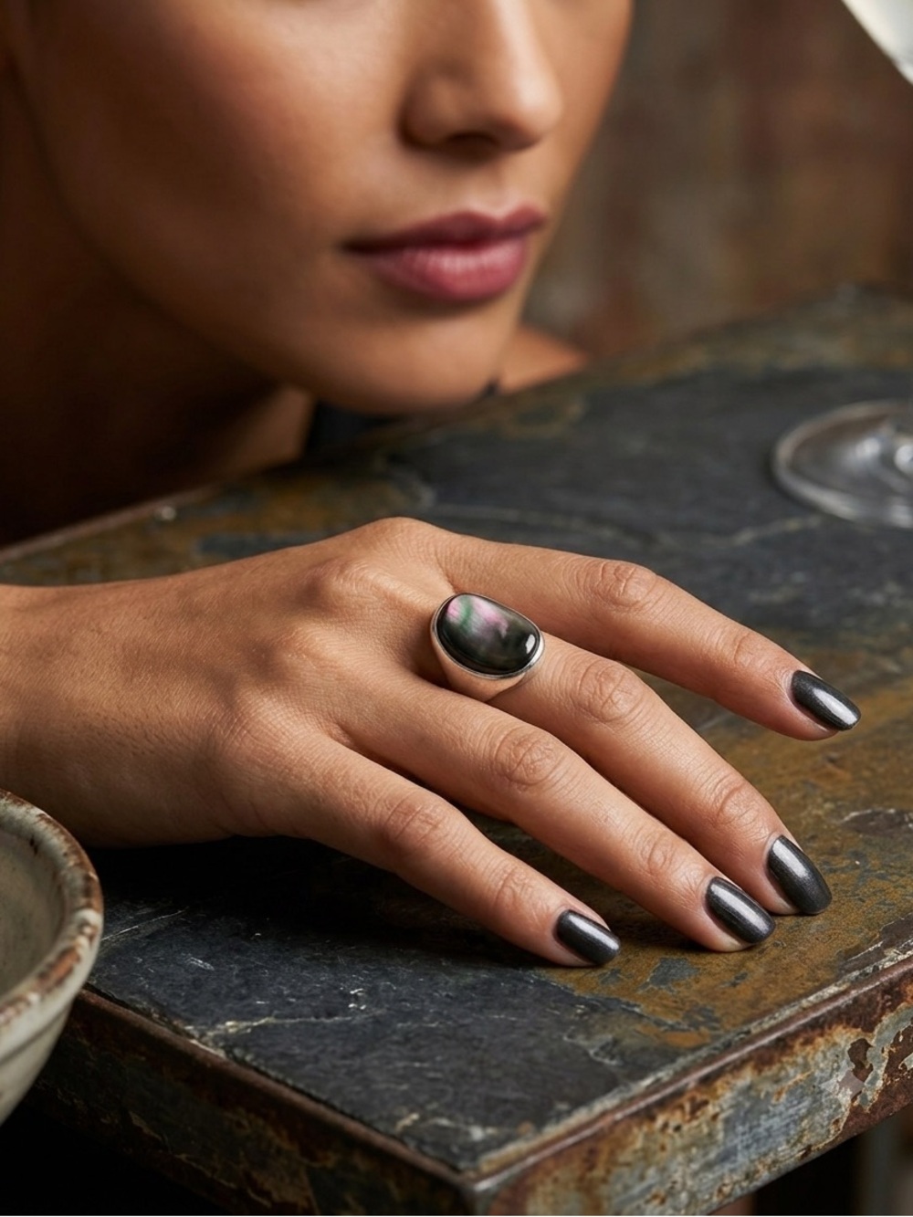 925 Sterling Silver Black Mother-of-Pearl Statement Ring 💍 sz 8